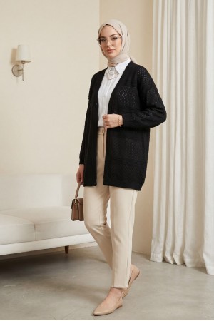 Ajurlu Dalga Desenli Triko Hırka -Siyah