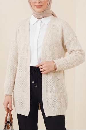 Ajurlu Dalga Desenli Triko Hırka -Taş