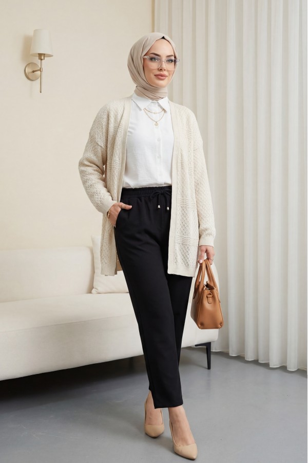 Openwork Wave Pattern Knitted Cardigan -Stone