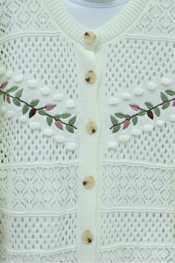 Buttoned Front Embroidered Openwork Knit Cardigan -Ecru