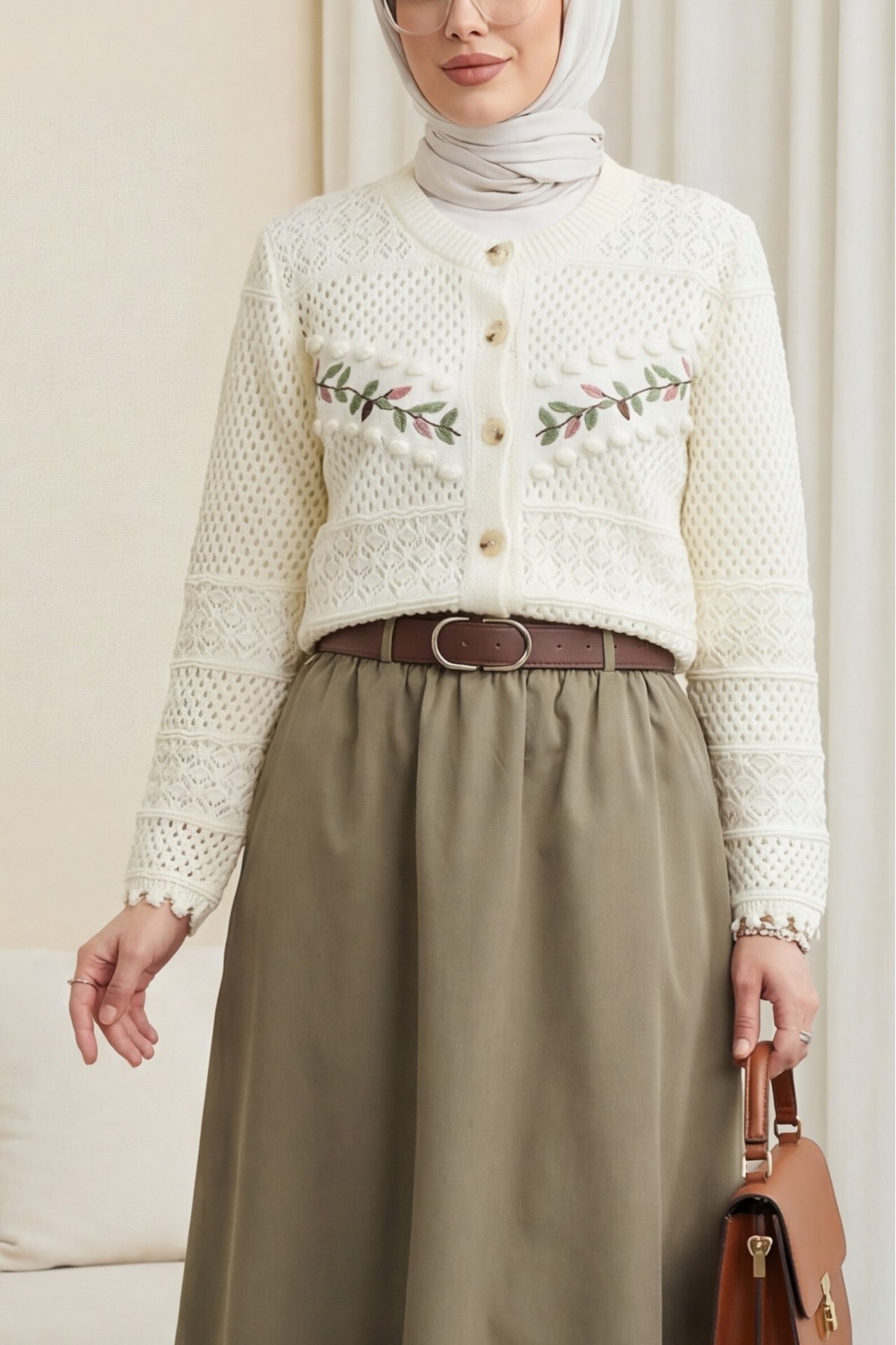 Buttoned Front Embroidered Openwork Knit Cardigan -Ecru