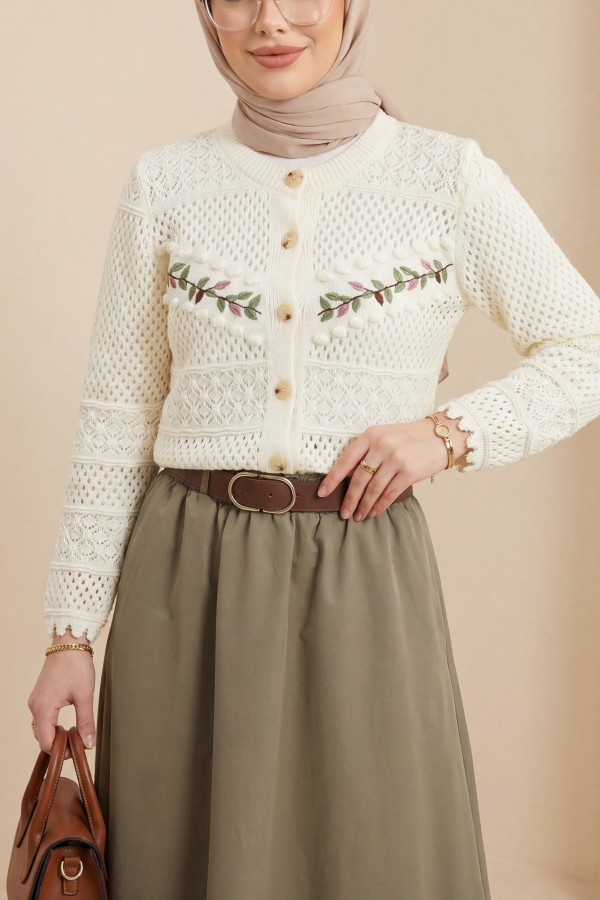 Buttoned Front Embroidered Openwork Knit Cardigan -Ecru