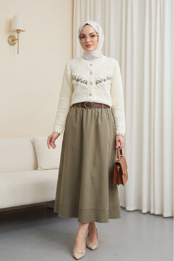 Buttoned Front Embroidered Openwork Knit Cardigan -Ecru