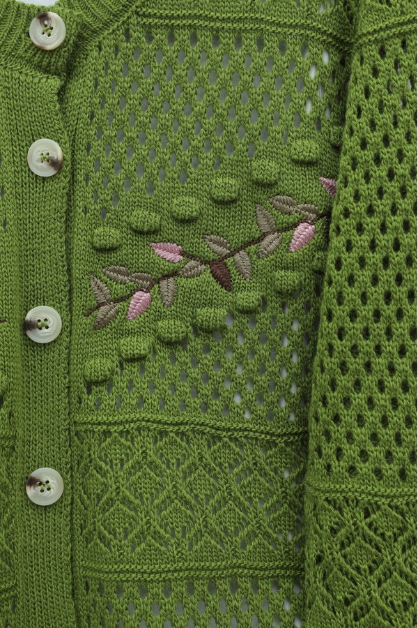 Buttoned Front Embroidered Openwork Knit Cardigan -PISTACHIO GREEN