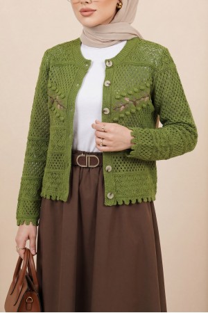 Düğmeli Önü Nakışlı Ajurlu Triko Hırka -F.Yeşili