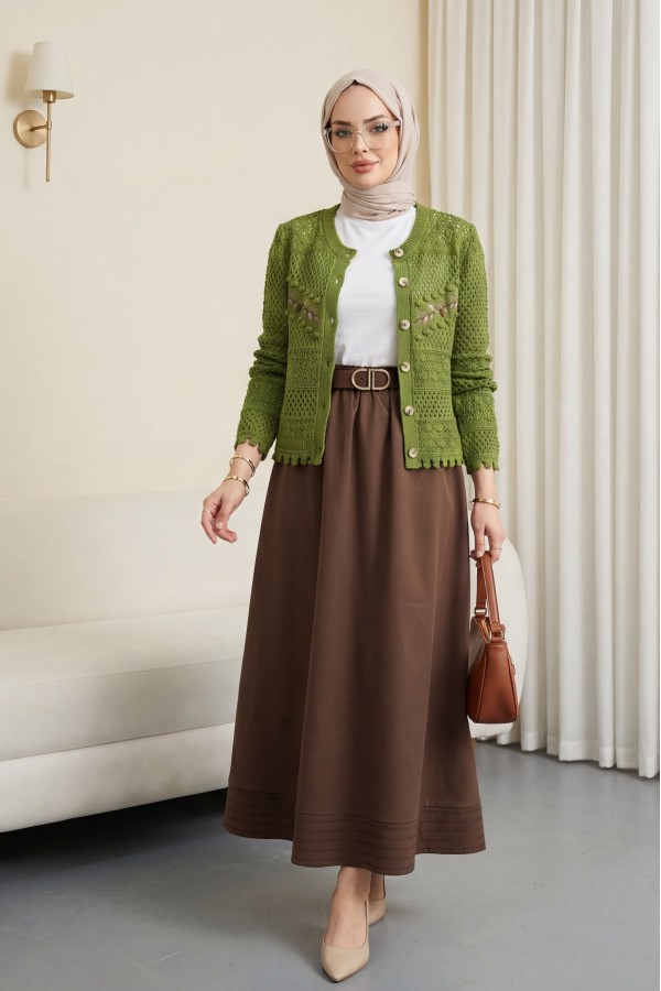 Buttoned Front Embroidered Openwork Knit Cardigan -PISTACHIO GREEN