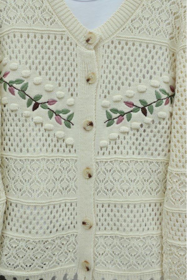 Buttoned Front Embroidered Openwork Knit Cardigan -Cream color