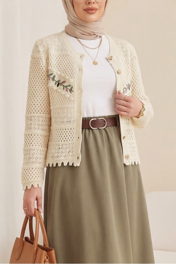 Buttoned Front Embroidered Openwork Knit Cardigan -Cream color