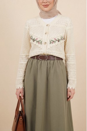 Düğmeli Önü Nakışlı Ajurlu Triko Hırka -Krem