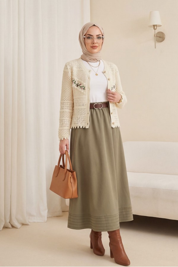 Buttoned Front Embroidered Openwork Knit Cardigan -Cream color