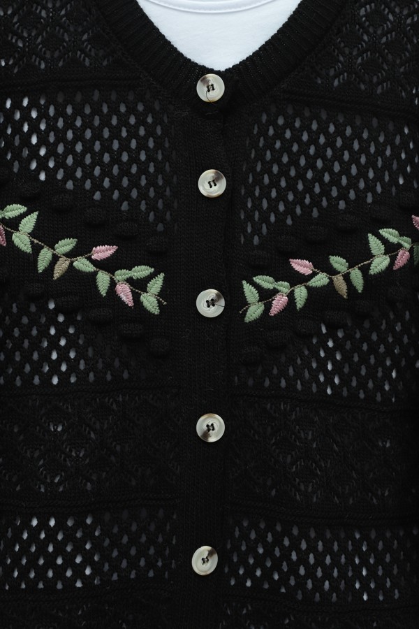 Buttoned Front Embroidered Openwork Knit Cardigan -Black