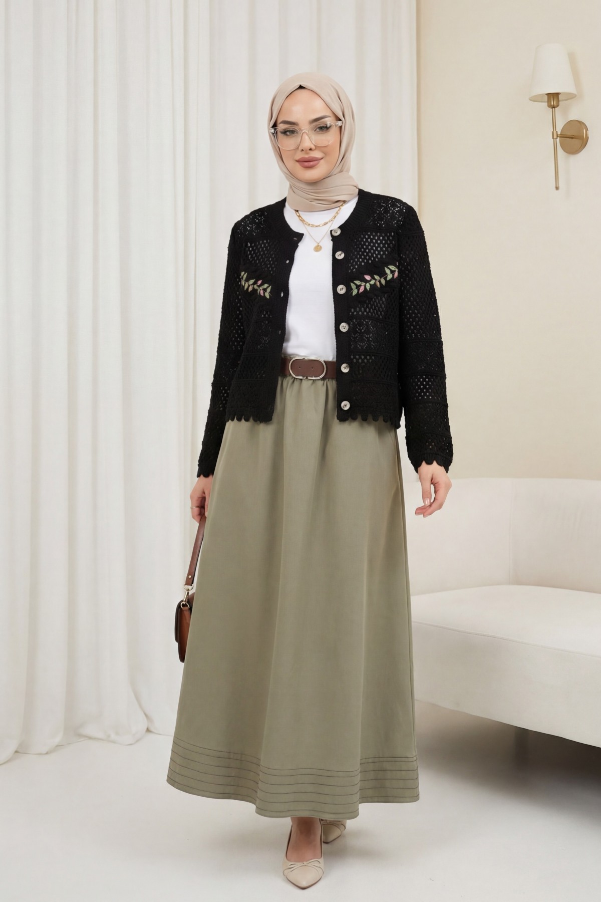 Buttoned Front Embroidered Openwork Knit Cardigan -Black