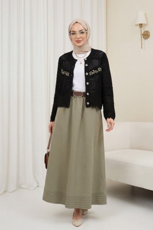 Düğmeli Önü Nakışlı Ajurlu Triko Hırka -Siyah