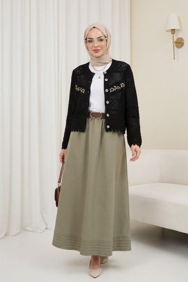 Buttoned Front Embroidered Openwork Knit Cardigan -Black