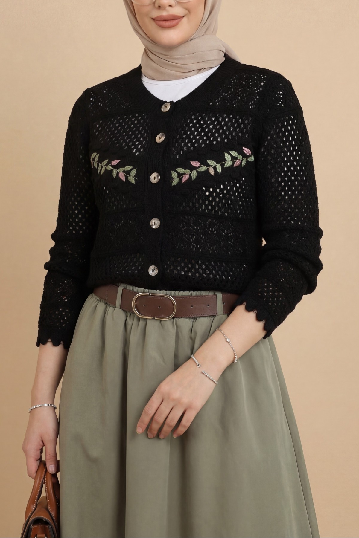 Buttoned Front Embroidered Openwork Knit Cardigan -Black