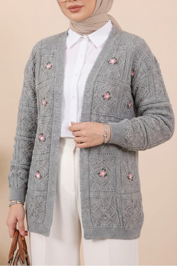Openwork Embroidered Cardigan    -Grey