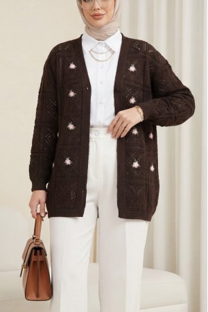 Ajurlu Nakışlı Hırka    -Kahve