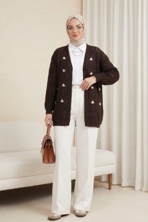 Ajurlu Nakışlı Hırka    -Kahve