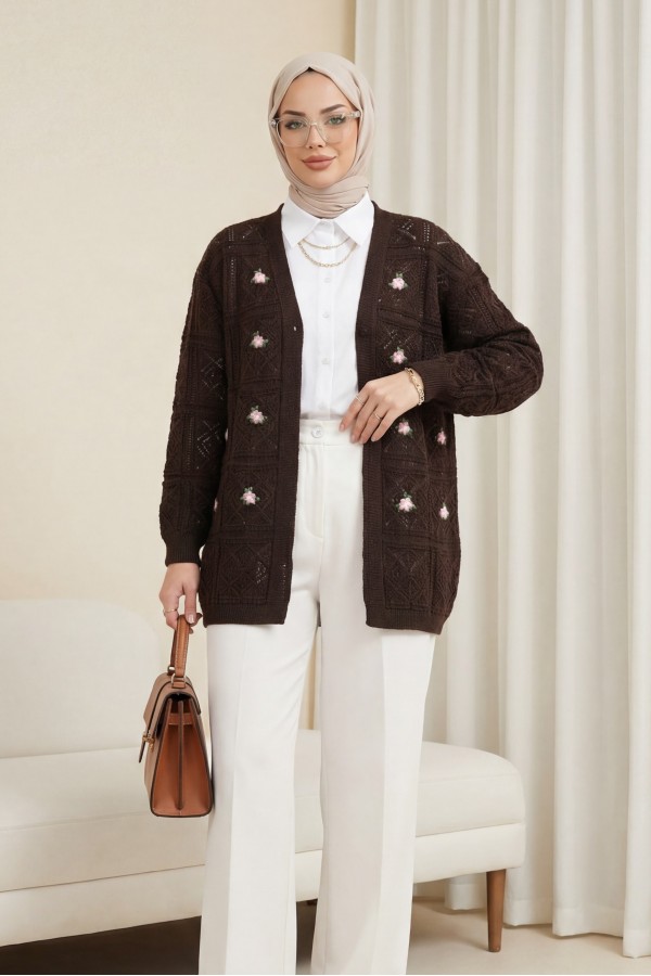 Openwork Embroidered Cardigan    -Brown