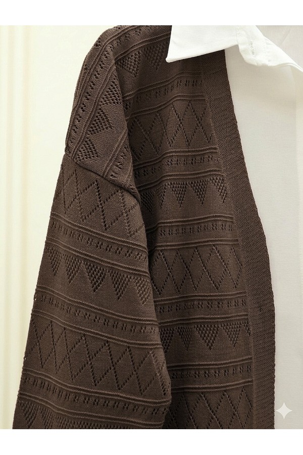 Mixed Patterned Openwork Knitwear Cardigan  -Brown