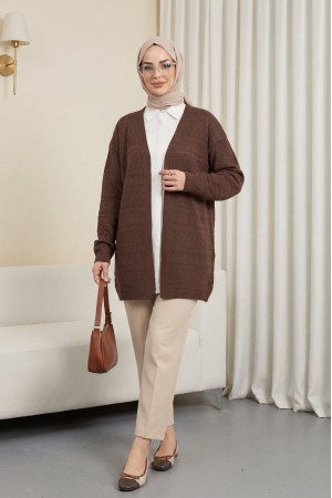 Karışık Desenli Ajurlu Triko Hırka   -Kahve