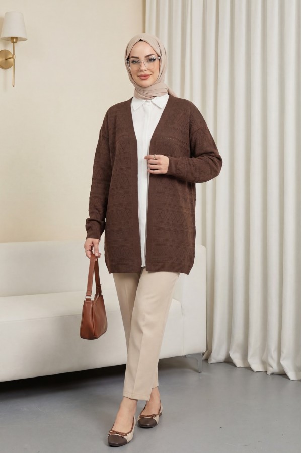Mixed Patterned Openwork Knitwear Cardigan  -Brown