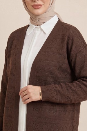 Karışık Desenli Ajurlu Triko Hırka   -Kahve