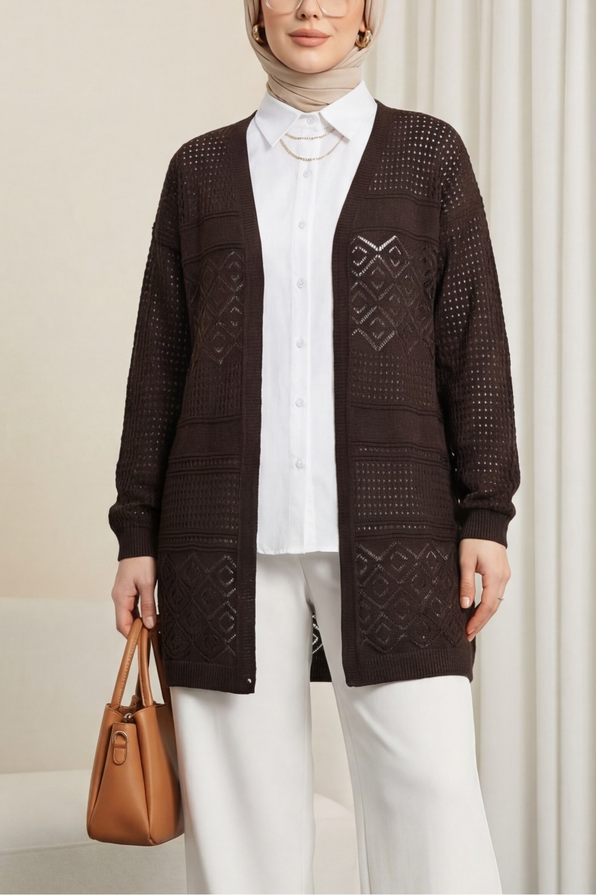 Openwork Seasonal Knitwear Cardigan     -Dark Coffee