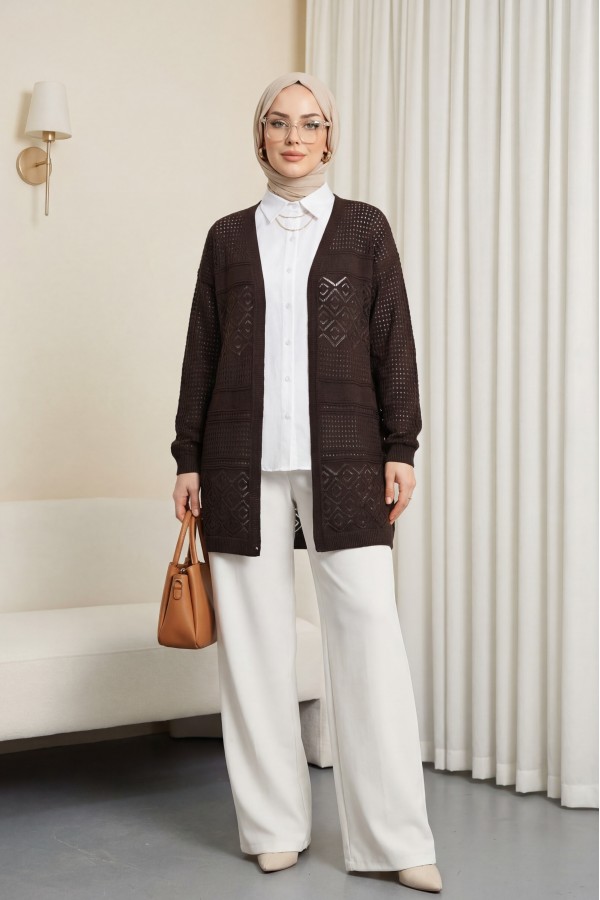 Openwork Seasonal Knitwear Cardigan     -Dark Coffee