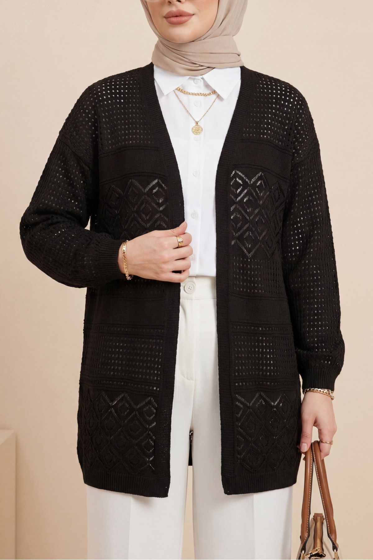 Openwork Seasonal Knitwear Cardigan     -Dark Coffee
