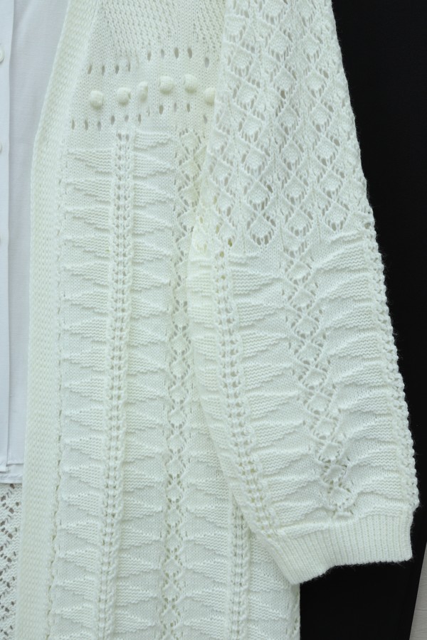 Pom-pom embellished mixed pattern mid-length knitted cardigan -Ecru