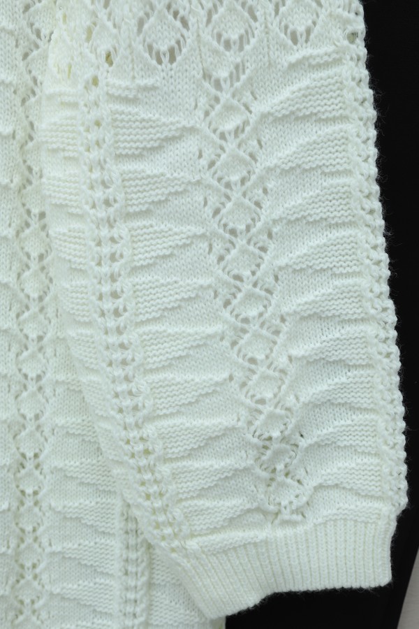 Pom-pom embellished mixed pattern mid-length knitted cardigan -Ecru