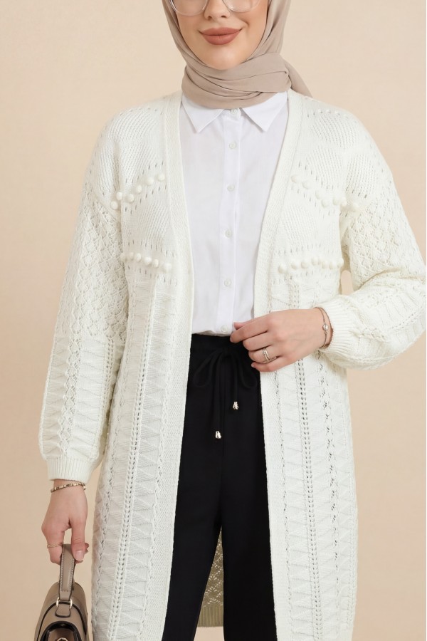 Pom-pom embellished mixed pattern mid-length knitted cardigan -Ecru