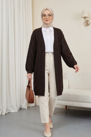 Ponponlu Karışık Desen Araboy Triko Hırka -Kahve