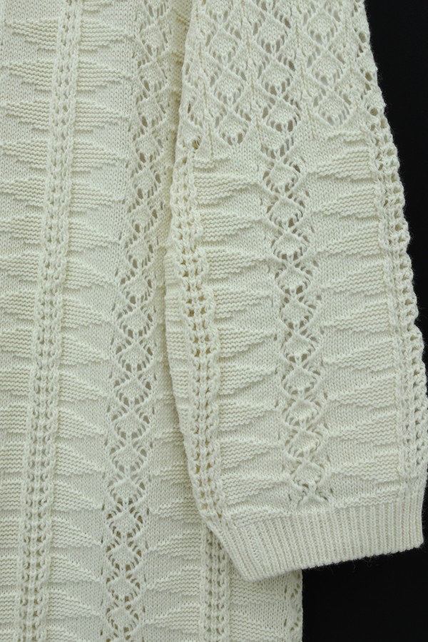 Pom-pom embellished mixed pattern mid-length knitted cardigan -Cream color