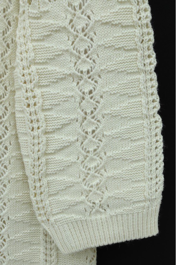 Pom-pom embellished mixed pattern mid-length knitted cardigan -Cream color