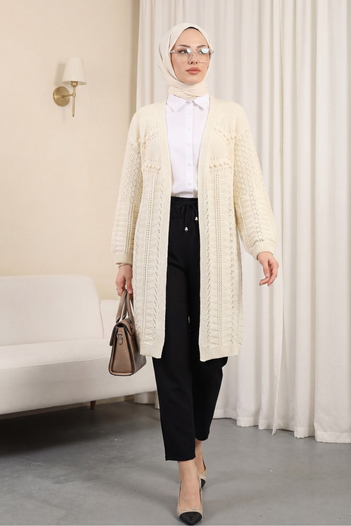 Pom-pom embellished mixed pattern mid-length knitted cardigan -Cream color