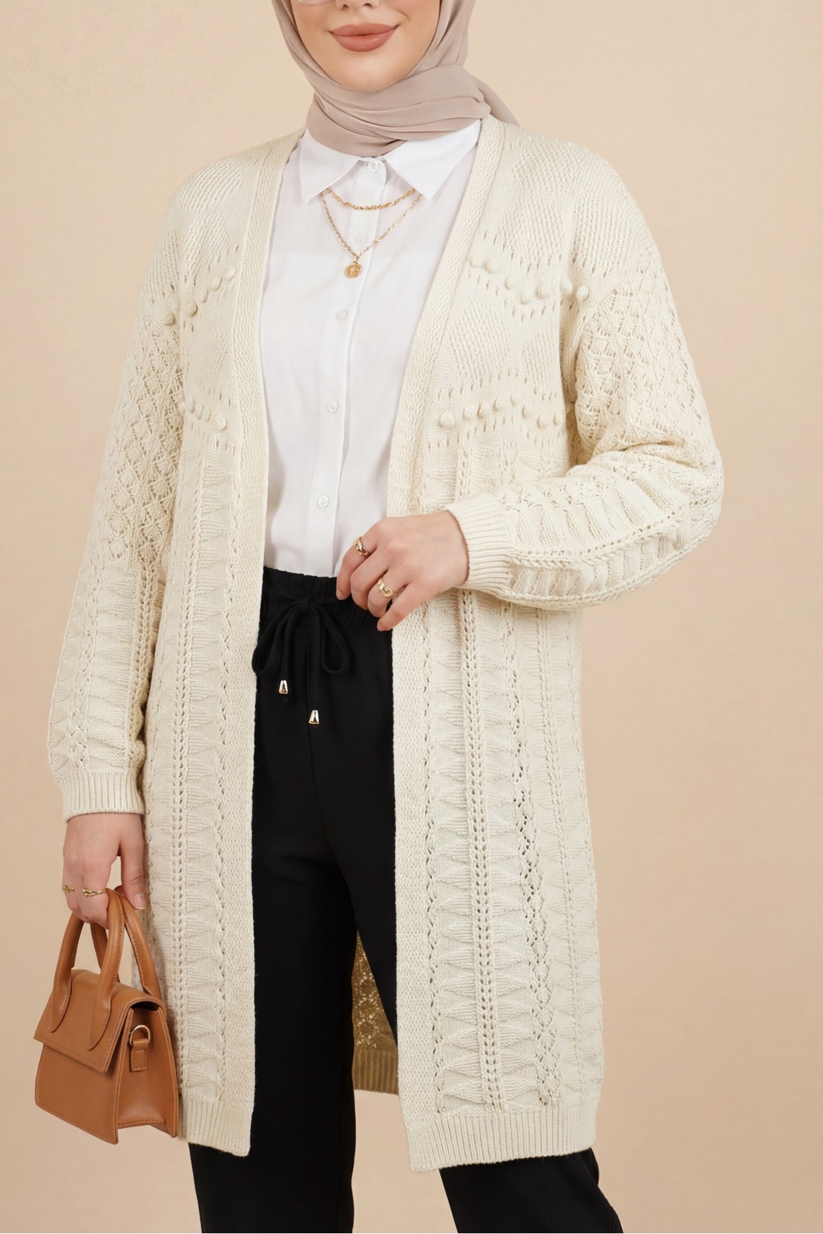 Pom-pom embellished mixed pattern mid-length knitted cardigan -Cream color