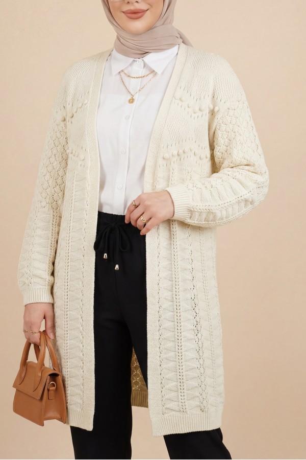 Pom-pom embellished mixed pattern mid-length knitted cardigan -Cream color