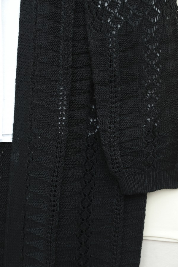 Pom-pom embellished mixed pattern mid-length knitted cardigan -Black