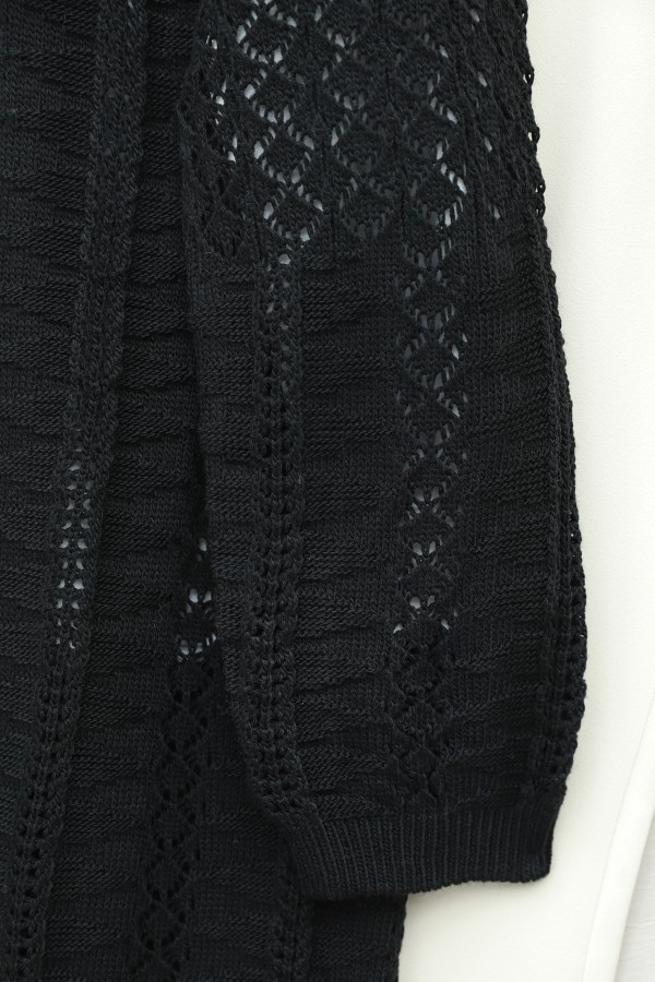 Pom-pom embellished mixed pattern mid-length knitted cardigan -Black