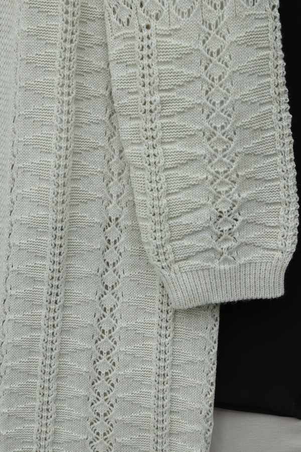 Pom-pom embellished mixed pattern mid-length knitted cardigan -Stone