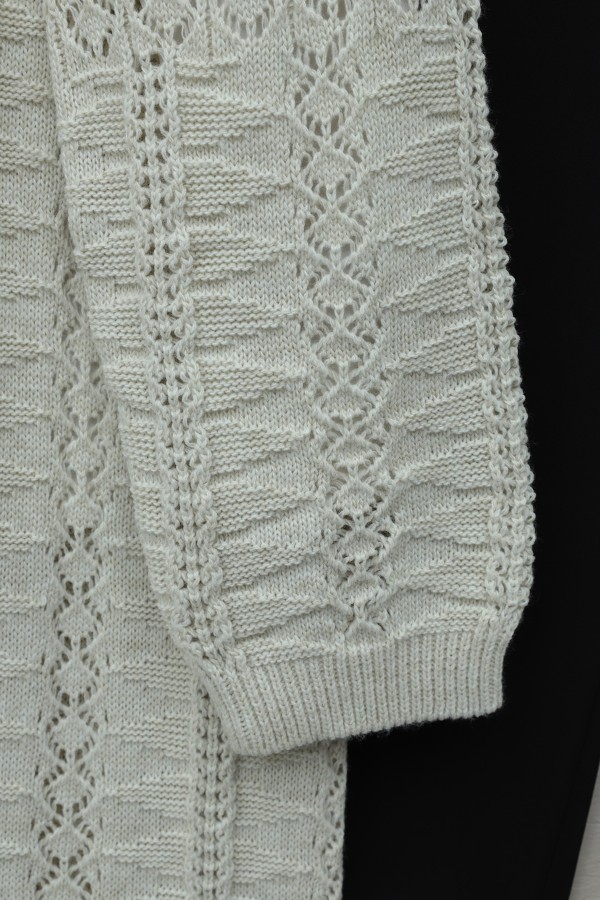 Pom-pom embellished mixed pattern mid-length knitted cardigan -Stone