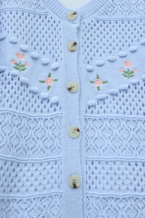 Önü Çiçek Nakışlı Ponponlu Düğmeli Triko Hırka -Bebe Mavi