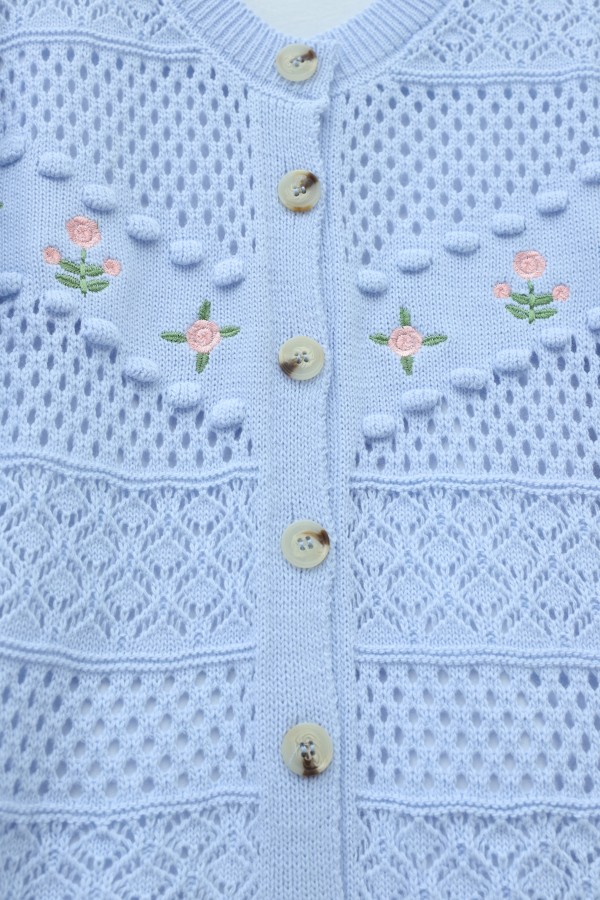 Knitted Cardigan with Floral Embroidery, Pom-Pom and Button Closure -Baby Blue