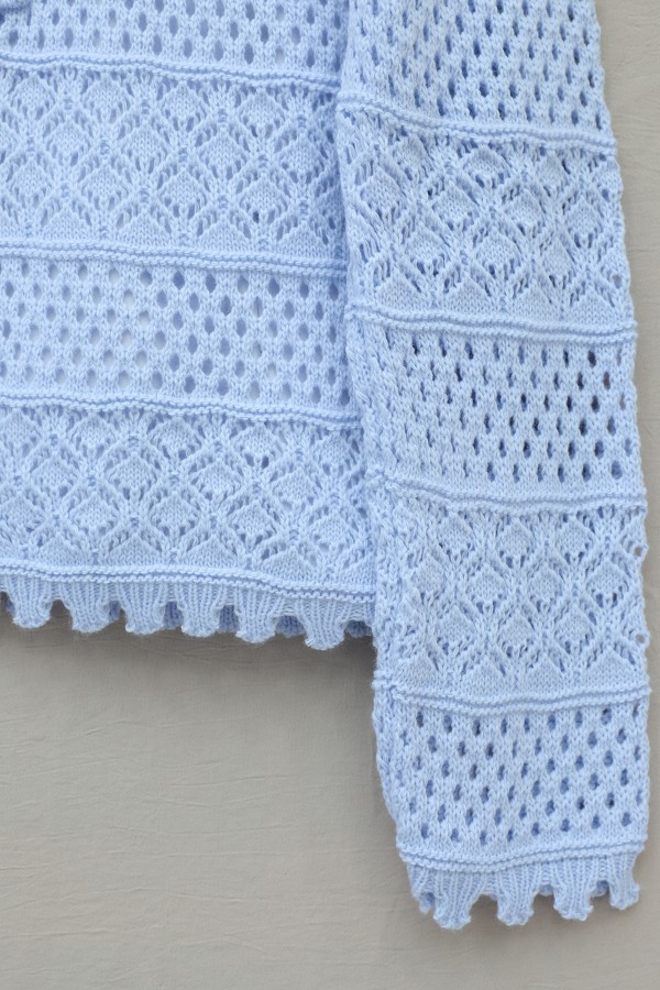 Knitted Cardigan with Floral Embroidery, Pom-Pom and Button Closure -Baby Blue