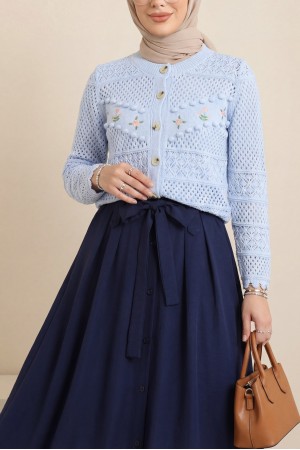 Önü Çiçek Nakışlı Ponponlu Düğmeli Triko Hırka -Bebe Mavi