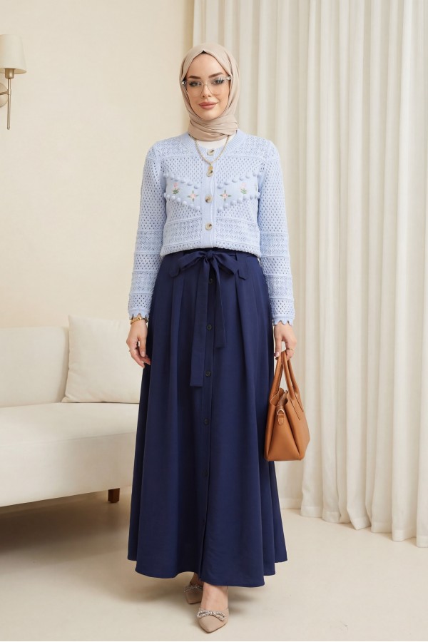 Knitted Cardigan with Floral Embroidery, Pom-Pom and Button Closure -Baby Blue