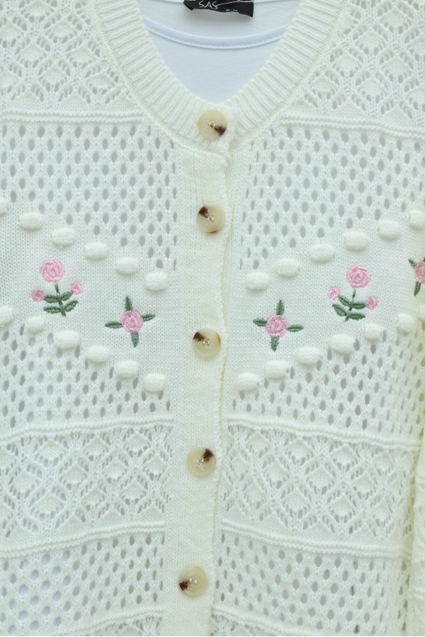Knitted Cardigan with Floral Embroidery, Pom-Pom and Button Closure -Ecru