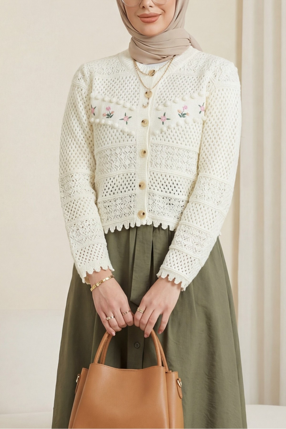 Knitted Cardigan with Floral Embroidery, Pom-Pom and Button Closure -Ecru